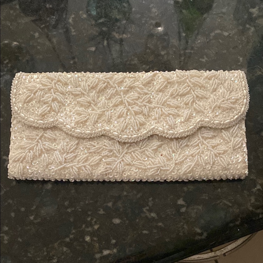 Vintage 1950s Hand Made White Satin Beaded Sequin Envelope Purse